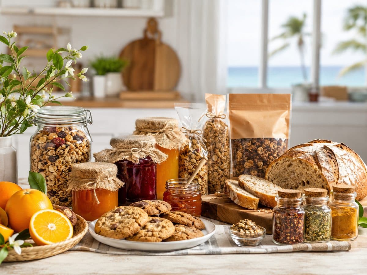 An array of homemade cottage food products on a sunny kitchen counter