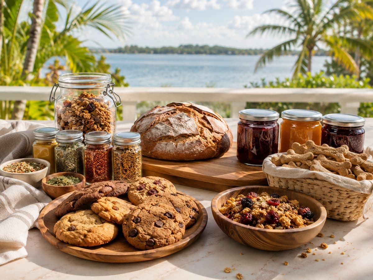 A waterfront display of cottage food products ready for a first sale